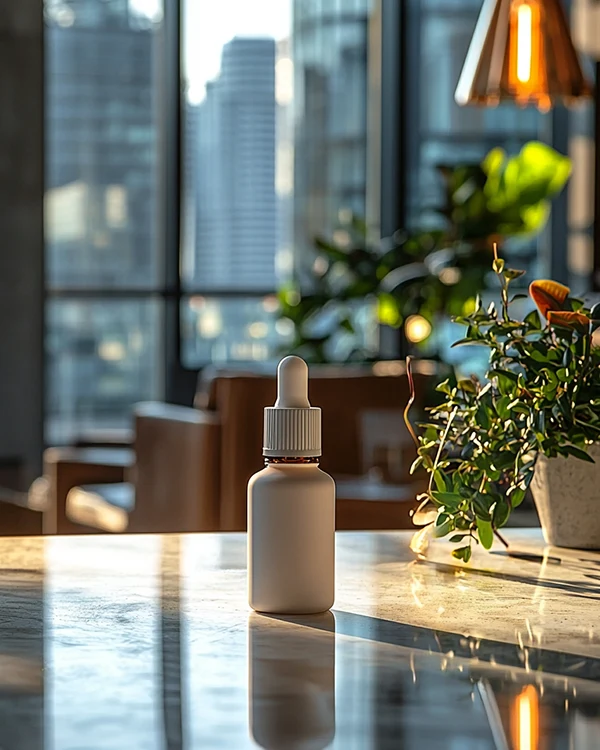 a white plastic dropper bottle on a table